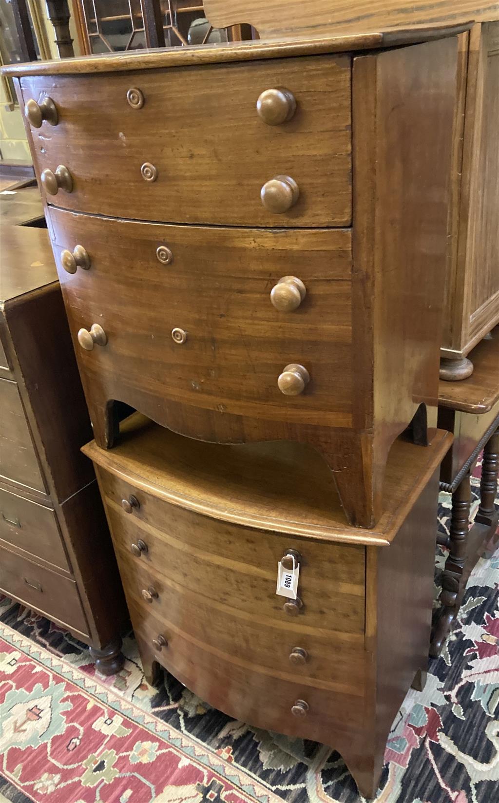 A near pair of Victorian mahogany bowfront commodes, larger 66cm, depth 40cm, height 68cm